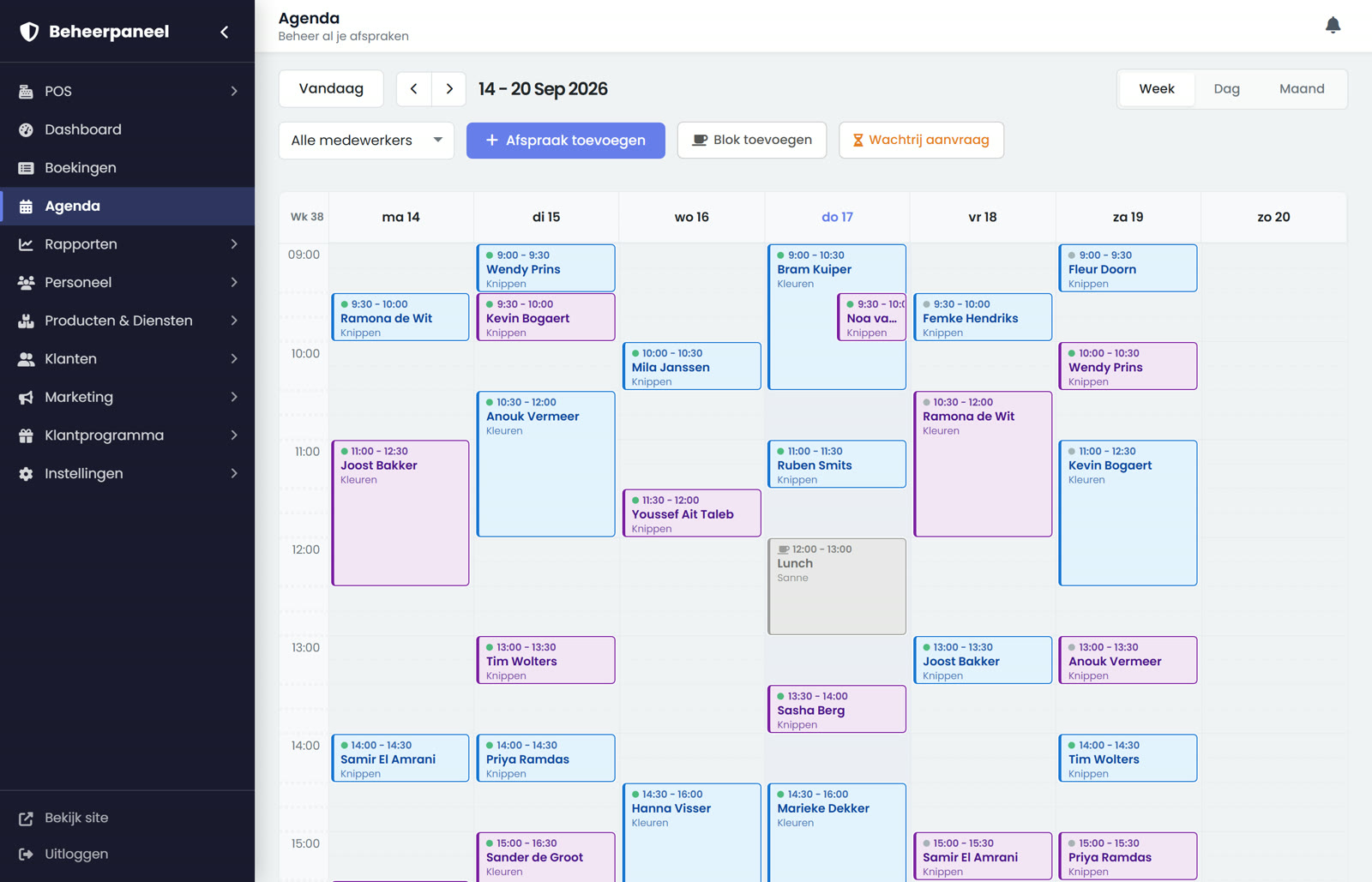 Weekagenda met afspraken per medewerker in kleur, en een geblokkeerd lunchuur