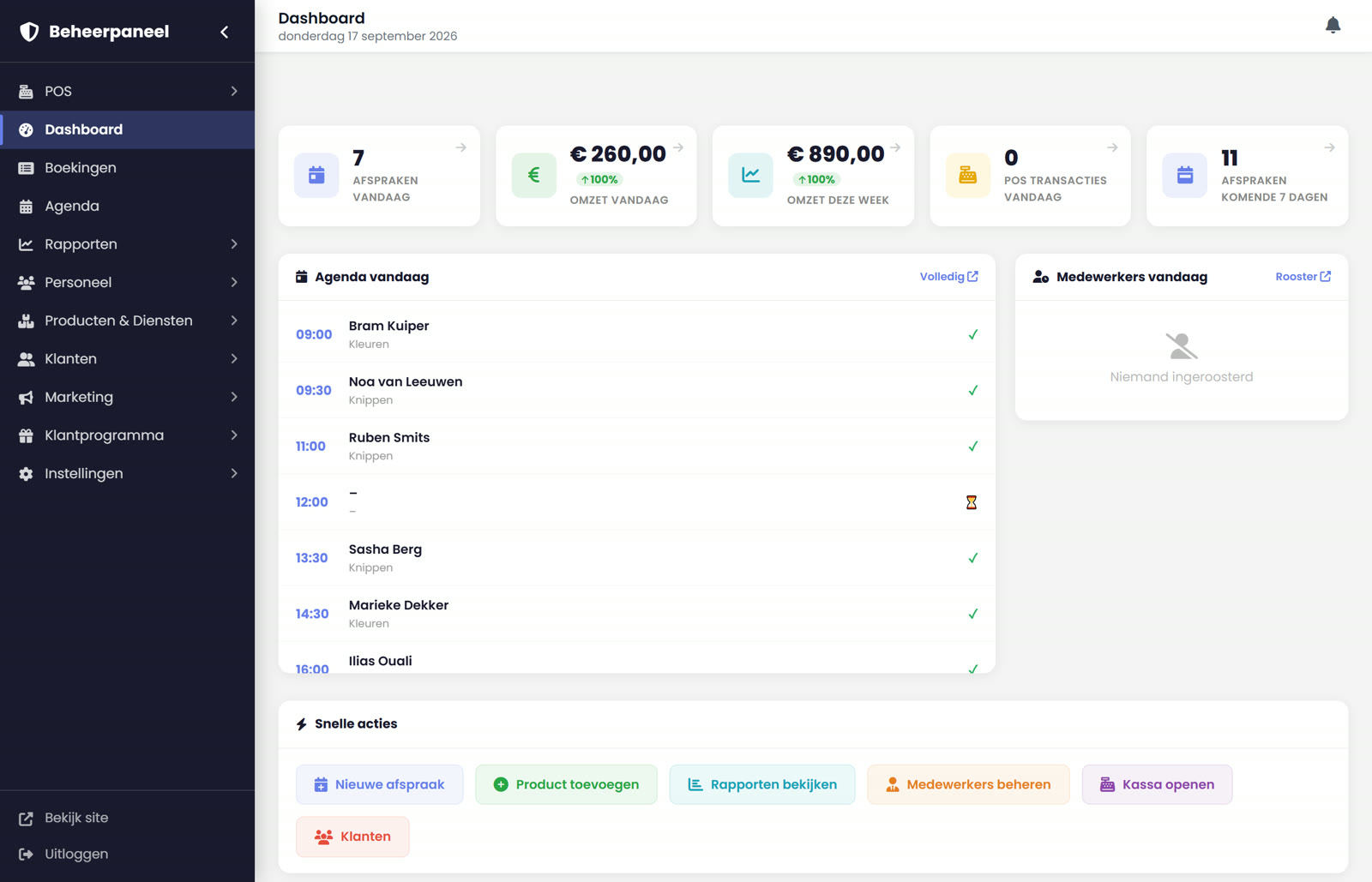 Dashboard met het aantal afspraken vandaag, de omzet en de dag op een rij